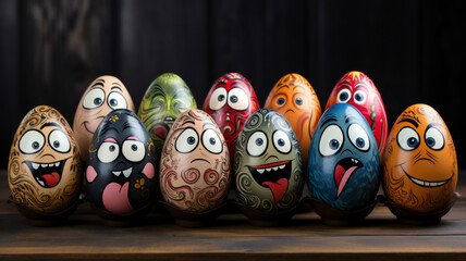 painted eggs on table in a row. Easter holiday and decorations