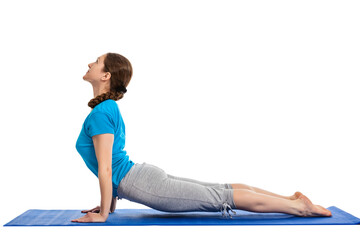 Yoga - young beautiful woman yoga instructor doing Upward Facing Dog Pose (Back Bend) (Urdhva Mukha Svanasana) asana exercise isolated on white background