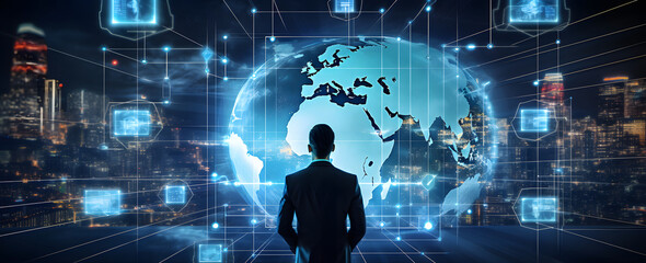 Businessman views digital images on a dark blue background, depicting world maps, intertwined networks, and a virtual world. Abstract concept of technology in business and network connections.