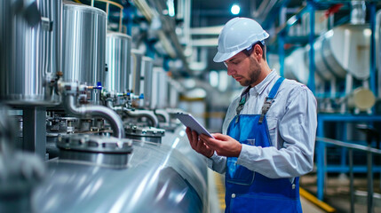 Industry man at a factory with a tablet. Selective focus.