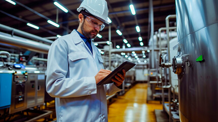 Industry man at a factory with a tablet. Selective focus.