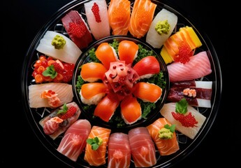 Sticker - A plate of sushi with different types of fish. Generative AI.