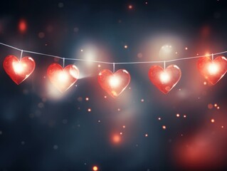 Wall Mural - Red hearts hanging on a string with lights. Generative AI.