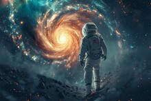 Astronaut Cosmonaut Discovery Of New Worlds Of Galaxies Panorama, Fantasy Portal To Far Universe. Astronaut Space Exploration, Gateway To Another Universe.