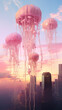 Fantastic jellyfish in the city at sunset.