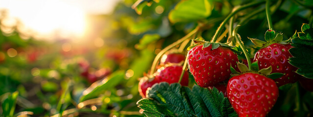 Wall Mural - A lot of strawberries on the branches in the garden. Selective focus.