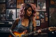 a beautiful woman is playing electric guitar in a room full of posters and a collection of vinyl records, tattooed woman generative AI	