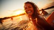 Blurred silhouette of a young woman holding a surfboard in the sea during a beautiful sunset