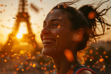 Wall Mural - An athlete celebrating winning a sports event. Confetti falling and Paris Eiffel tower in background