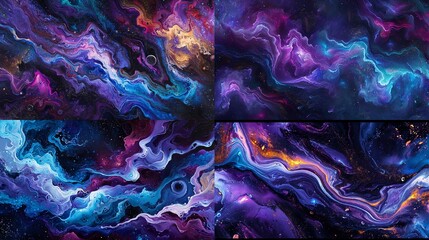 Wall Mural - A cosmic collision of wavy abstract forms, with deep purples and electric blues creating a cosmic spectacle