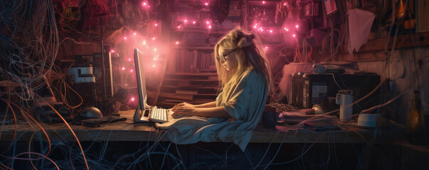 Artificial Intelligence. Woman using technology. Girl enter command prompt for generates dreams, Futuristic concept.