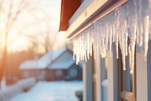 Winter Ice Dam And Frozen Roof With Icicles   Creative Website Header And Banner Image