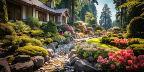 Wall Mural - Landscaped home garden in summer, panorama of beautiful house backyard. Wide banner with path, flowers, trimmed bushes and green plants. Concept of landscaping, nature, design