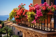 Summer Flowers On The Balcony Or Terrace, Flowers In Pots, Home Decoration With Flowers