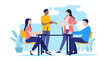 © Knut - Business meeting - Office people sitting and standing at desk with computer laptops, talking and discussing company project as a team. Flat design vector illustration with white background