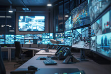 Industry 4.0 Modern Factory: Security Control Room With Multipoke Computer Screens Showing Surveillance Camera Footage Feed. High-Tech Security.