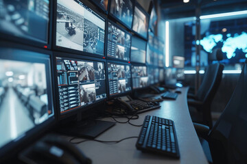 industry 4.0 modern factory: security control room with multipoke computer screens showing surveilla