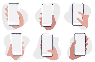 Fototapete - Mobile phone in hand vector mockups - Template vector illustration of human hands holding and using smartphones with blank empty screen in flat design front view 