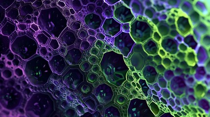 Electric green and deep purple hexagonal patterns pulsating with energy