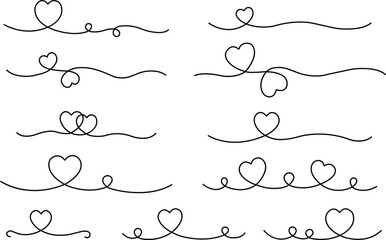 Wall Mural - Heart lines bundle hand drawn doodle love linear black color icon set isolated on transparent background. Vector collection for valentine day invitation or greeting card drawn design Heart text divide