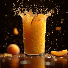 Sticker - Refreshing orange drink in a glass with a splash, perfect for summer. vibrant beverage on a dark background. AI