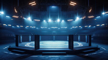 Generative AI, Professional Mma Cage Arena With Spotlights, Martial Arts Sport Ring
