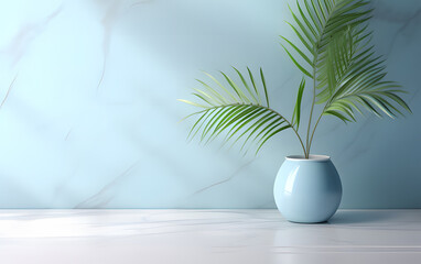Wall Mural - a marble desk with palm leaves in the room ai generative