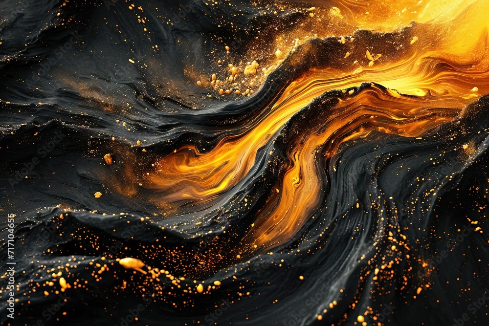 Abstract black and gold liquid with gold paint with a mesmerizing map ...