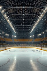 Wall Mural - An image of an empty hockey rink with no players and vacant seats. Suitable for sports-related designs and concepts