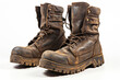 Old worn military boots on a white background. Generated by artificial intelligence