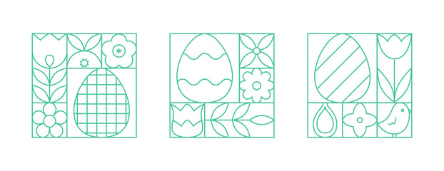 Wall Mural - Abstract easter geometric cards template with easter eggs, flowers, tulip, bunny. Simple vector blocks with cute elements for banner, wall art.