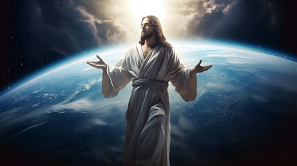 Poster - Jesus as the redeemer watching over the earth from space, created with technology