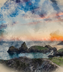 Wall Mural - Digital watercolour painting of Beauitful sunrise and sunset landscape image of Kynance Cove in Cornwall England with colourful sky