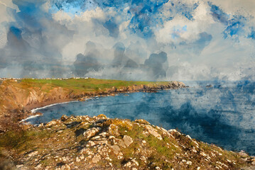 Wall Mural - Digital watercolour painting of Beauitful sunrise and sunset landscape image of Kynance Cove in Cornwall England with colourful sky