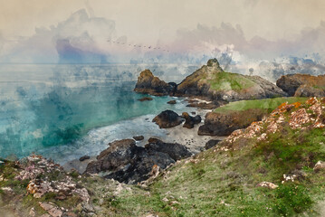 Wall Mural - Digital watercolour painting of Beauitful sunrise and sunset landscape image of Kynance Cove in Cornwall England with colourful sky