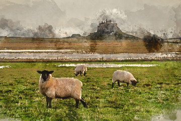 Wall Mural - Digital watercolour painting of Stunning dramatic landscape image of Lindisfarne, Holy Island in Northumberland England during Winter