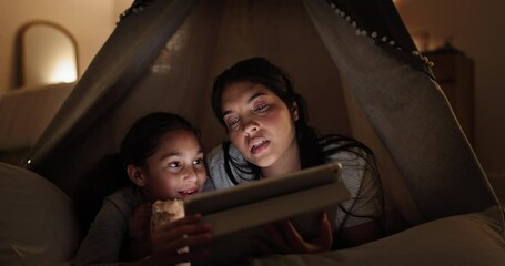 Poster - Mother, child and tent with tablet for online streaming entertainment, bonding or digital. Parent, kid and blanket fort in home for internet ebook for web learning or holiday watching, game or night