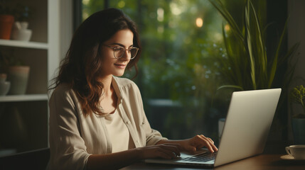 Woman sitting in front of computer studying, working