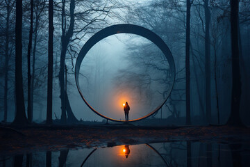 glowing portal in an eerie foggy forest, science fiction concept. generated by artificial intelligen