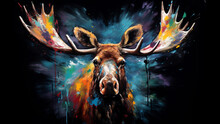 Moose From Front, All Recovered Of Different Paint Brushes Colors, Black Background , Painting Style