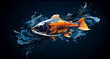 Omega-3 fish oil concept with fish in dynamic water splash on dark background. Artistic fish and water, representing omega-3 nutrients. Vibrant fish emerging from water, omega-3 rich food symbol