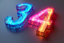 Number 34 - Colorful Glowing Outline Alphabet Symbol On Blue Lens Flare Dark Background