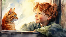Two Red-haired Friends - A Boy And A Cat - Are Sitting On The Windowsill Near The Open Window. Watercolor Storybook Illustration.