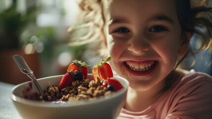 Wall Mural - Child eating açaí in bowl with crunchy granola and fresh fruits smearing himself with fun.