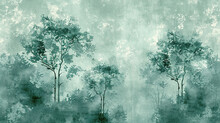 Water Color Trees On A Grunge Texture Background, Wallpaper For Interiors. Green Wallpaper For Interior