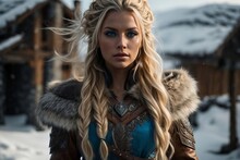 A Fierce Nord  Warrior Stands Tall In The Snowy Landscape Of Skyrim, Her Long Blonde Hair Whipping In The Wind As She Gazes Out With Piercing Blue Eyes.