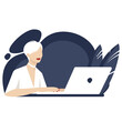 Office lady. Flat vector illustration of a beautiful woman sitting at the desk and typing on laptop. Banner background template. 