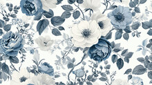 Blue And White Flowers Chinoiserie Pattern. Fresco Wallpaper For Interior