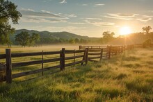Picturesque Landscape, Fenced Ranch At Sunrise