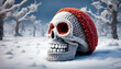 Ein gestrickter Totenkopf in weiß mit einer gestrickten, roten Mütze im Schnee